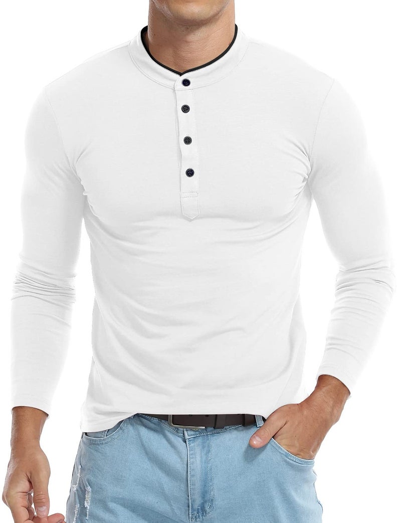 KUYIGO Men's Casual Slim Fit Shirts Long Sleeve Polo Shirt Mandarin Collared T-Shirts White X-Large - Image 4